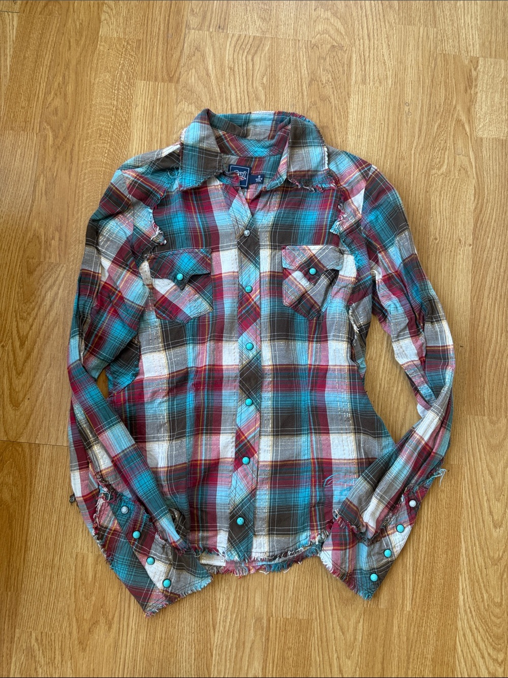 Cruel Girl Teal, Red and White Plaid Button-Down Shirt